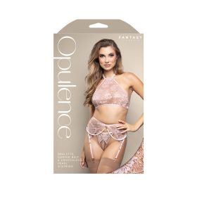 Fantasy Lingerie Opulence Pearl Halter Bralette, Garter Belt & Crotchless Pearl G-String Light Pink M/L