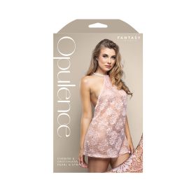 Fantasy Lingerie Opulence Pearl Draped Open-Back Halter Chemise & Crotchless Pearl G-String Light Pink S/M