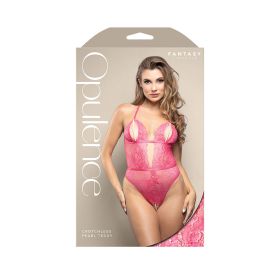 Fantasy Lingerie Opulence Split Pearl Cup Crotchless Teddy with Adjustable Pearl G-String Hot Pink S/M