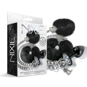 NIXIE Metal Butt Plug & Furry Handcuff Set Medium Black