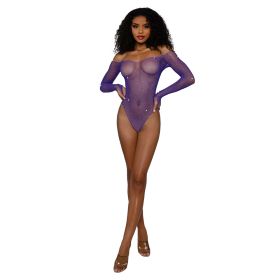 Dreamgirl Rhinestone Off Shoulder Bodystocking Teddy Ultra Violet O/S