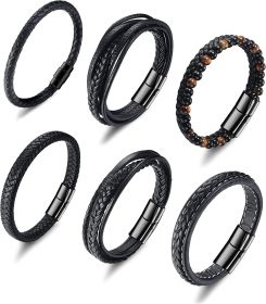 6Pcs Mens Leather Bracelets Black Bracelet Leather for Men Women Magnetic Clasp Braided Cuff Bracelets