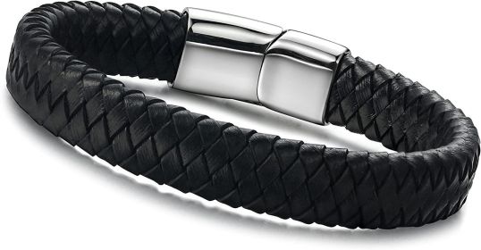 Braided Leather Bracelets for Men Bangle Bracelets Fashion Magnetic Clasp 7.5 Inch Black