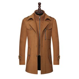 Men's Stylish Single Breasted Wool Coat Thick Winter Jacket (Color: khaki, size: S)
